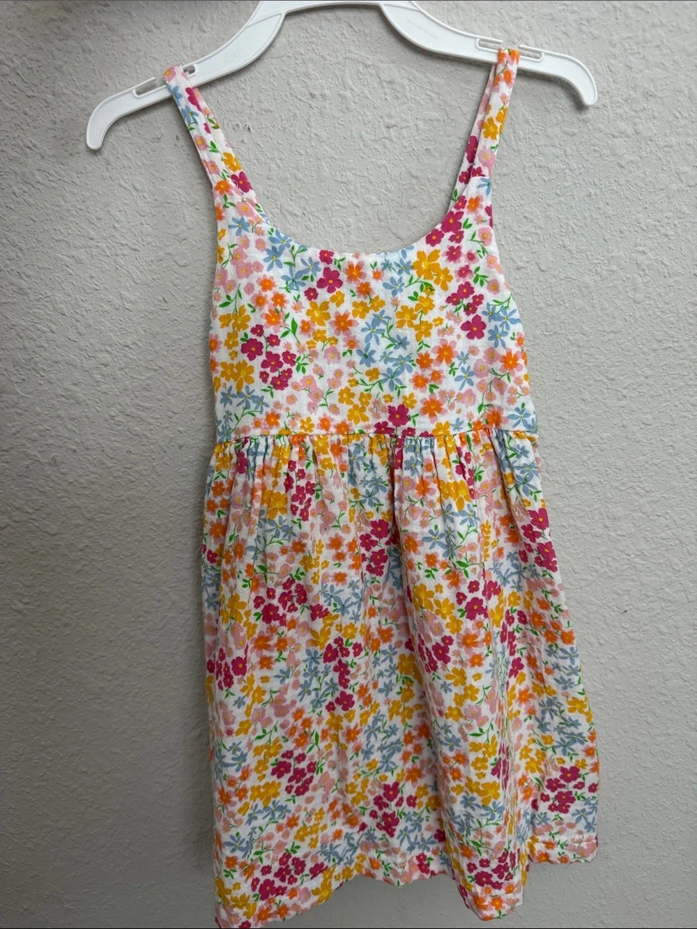 Girl's Floral Sundress in White with Pink, Yellow & Blue Flowers
